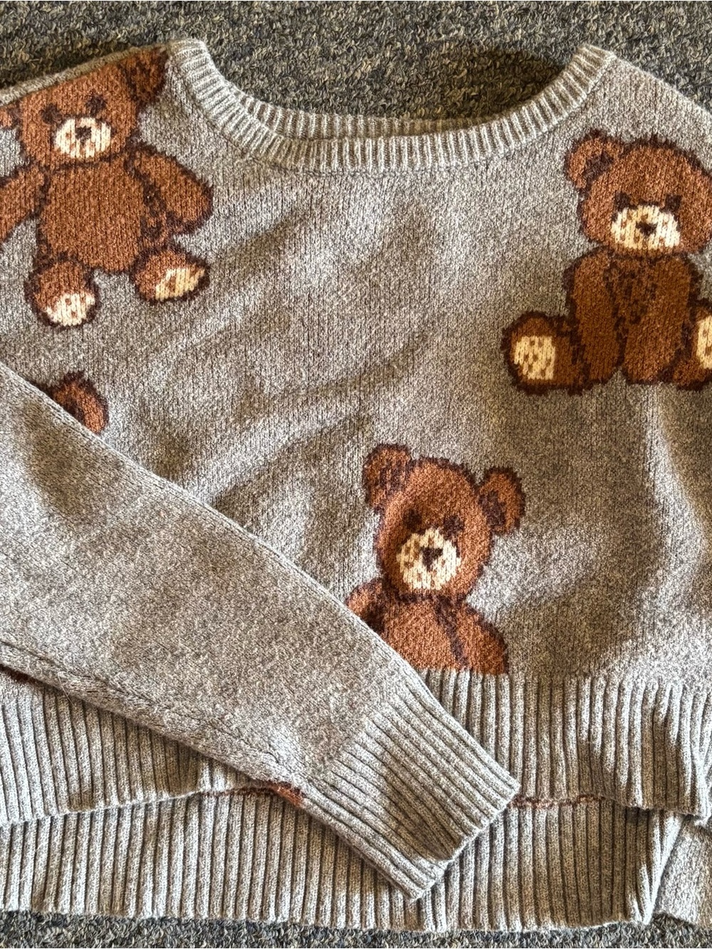 Kids Gray Sweater with Brown Teddy Bear Motif - Children's Knit Top